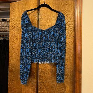 Zara blue and black floral, pleated long sleeve top